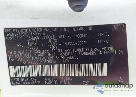 2017 Toyota Sienna L 7 Passenger from USA, damaged, VIN 5TDZZ3DC3HS876816